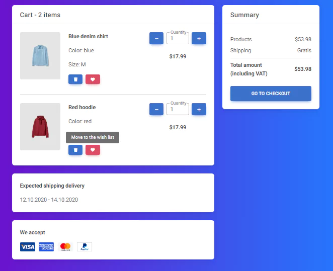 shopping cart page with payment methods