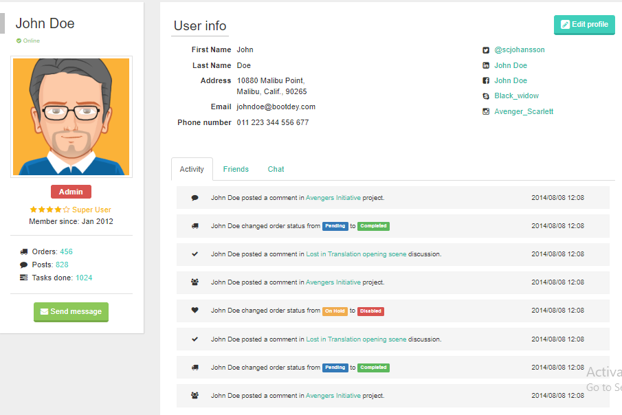 bootstrap user profile with friends and chat