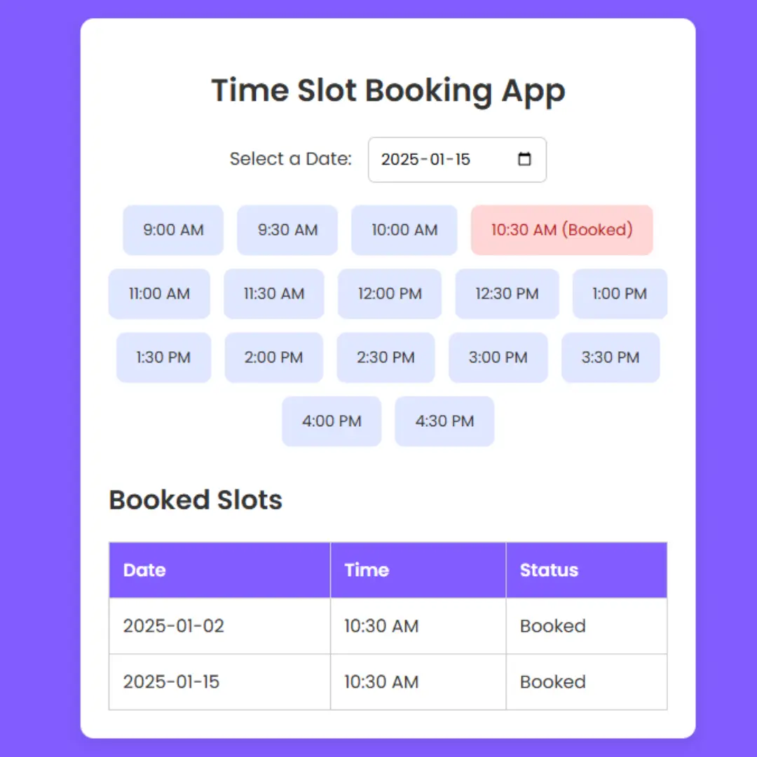 Create Time Slot Booking App using HTML, CSS, and JavaScript