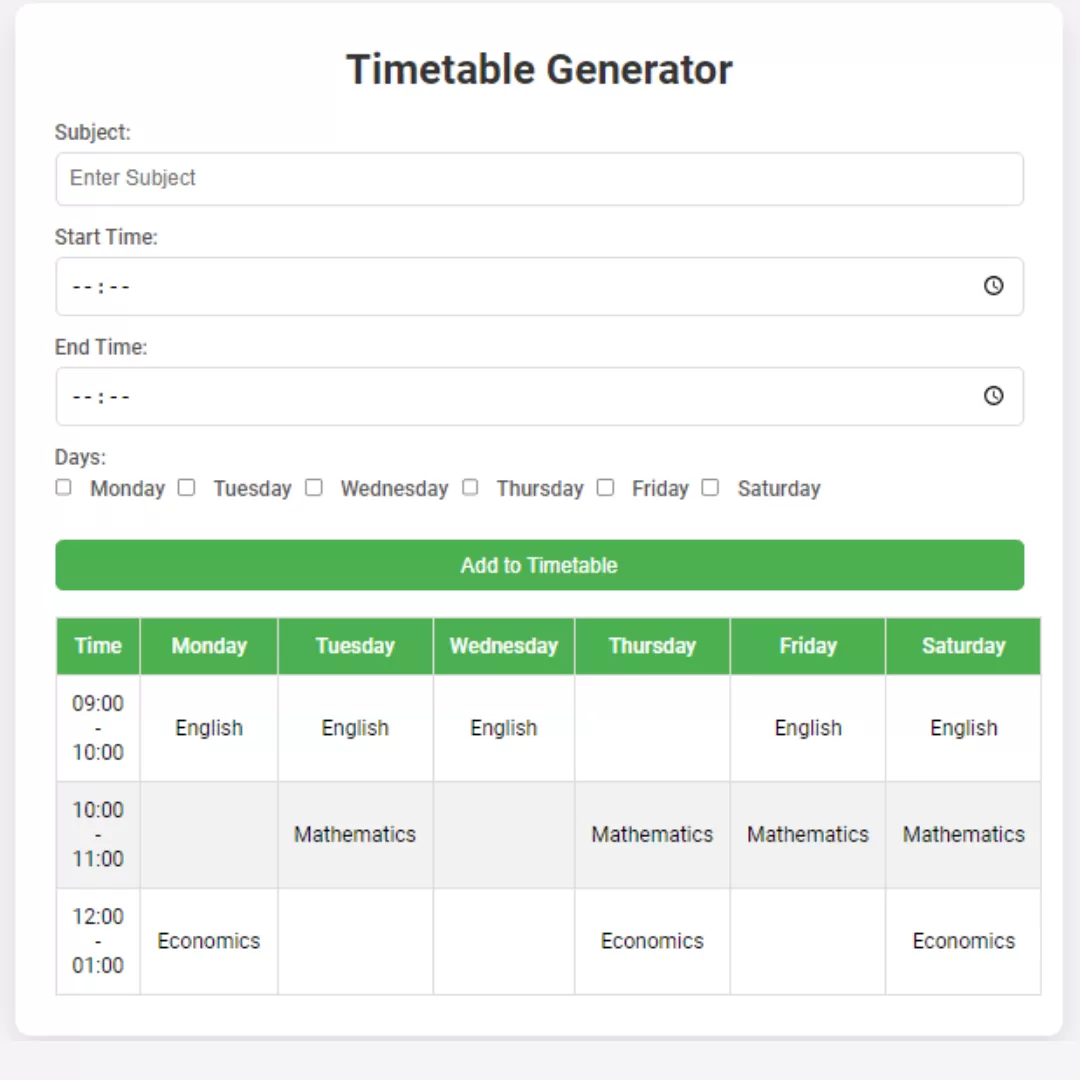 Create Time Table Generator Using HTML, CSS, and JavaScript