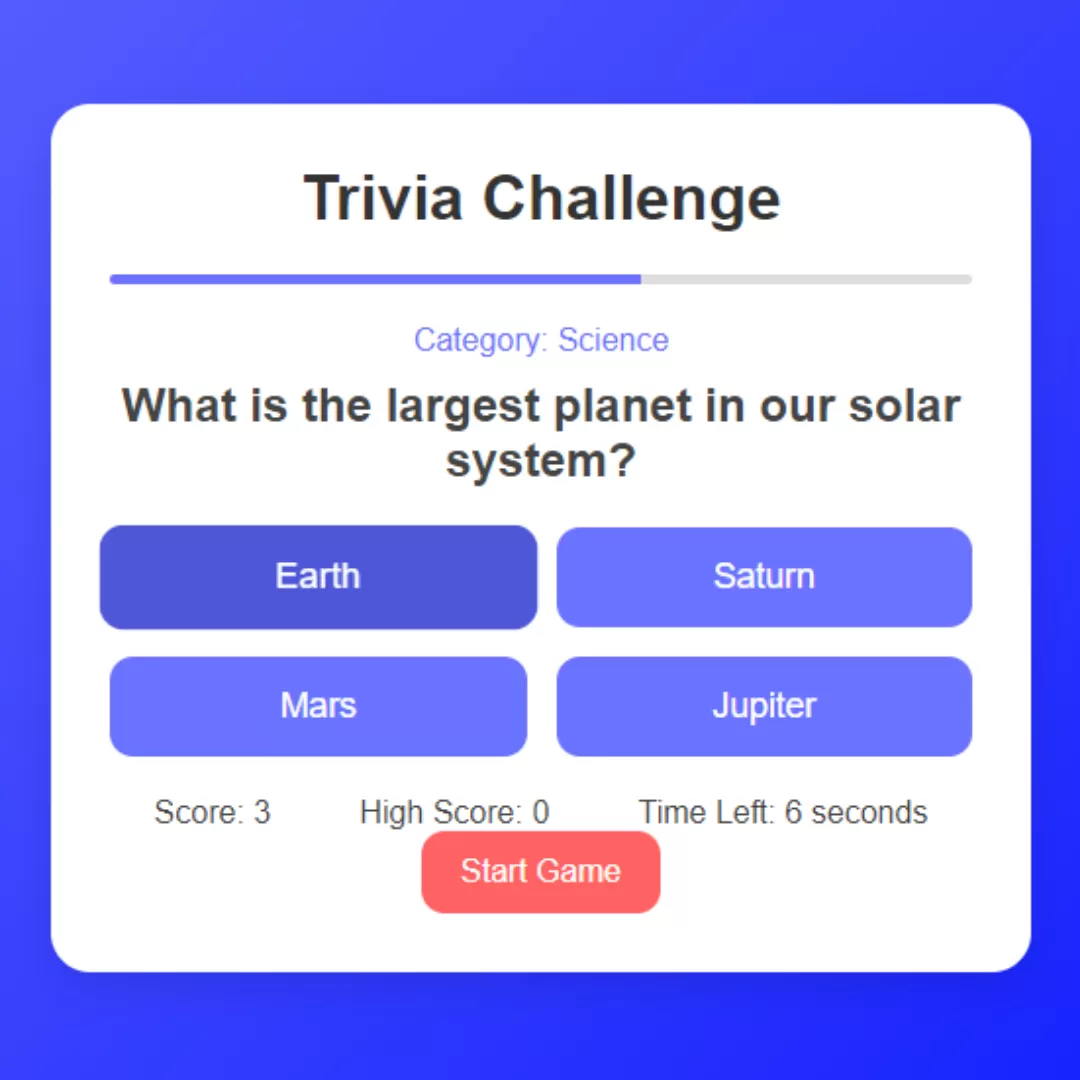 Create Trivia Quiz Game using HTML, CSS, and JavaScript