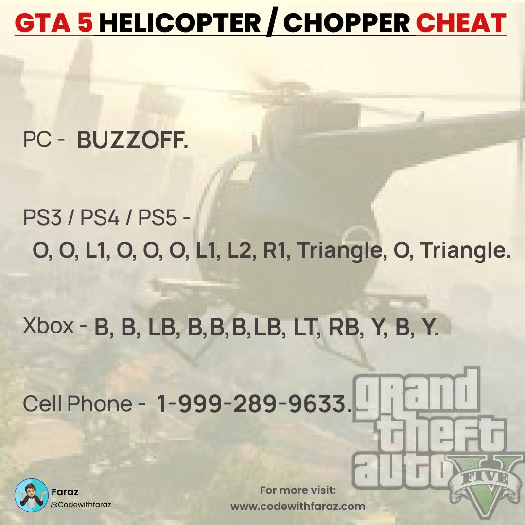 GTA 5 Cheat Code for Buzzard Attack Helicopter / Chopper