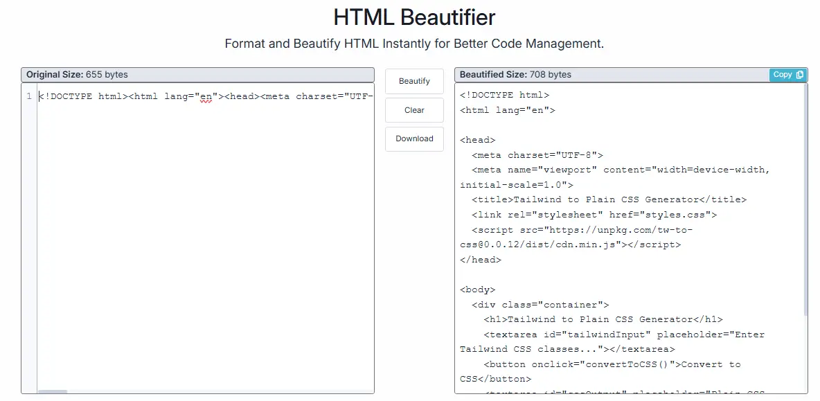 HTML Beautifier Online Tool | Beautify HTML Instantly