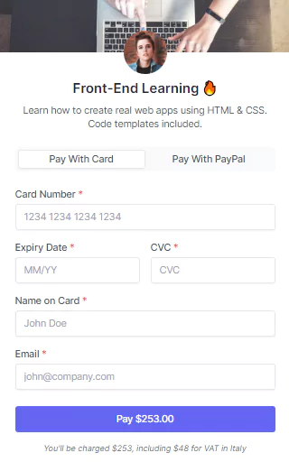 form component - checkout pay (credit card + paypal) - tailwind css