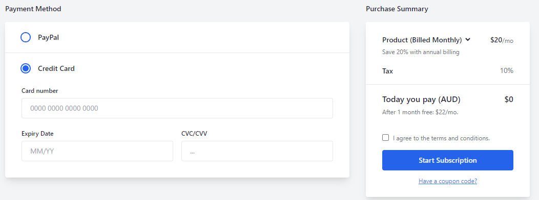 form component - lo-fi subscription checkout - with tailwind css