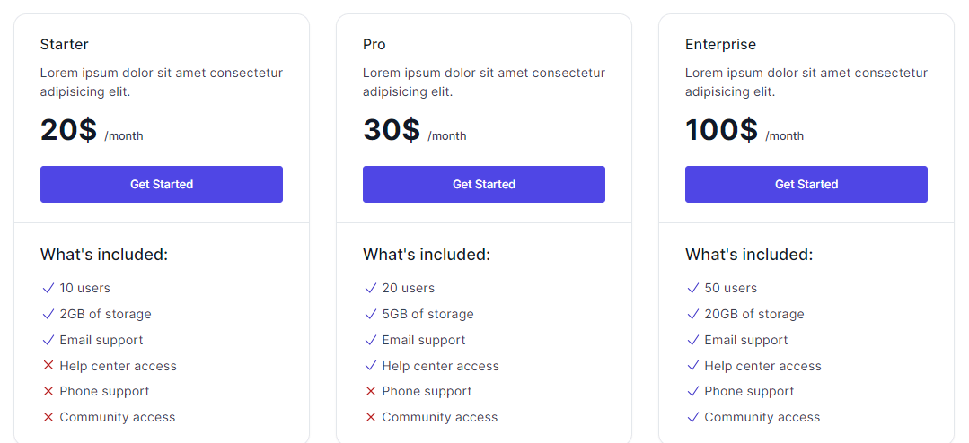pricing table with compare options