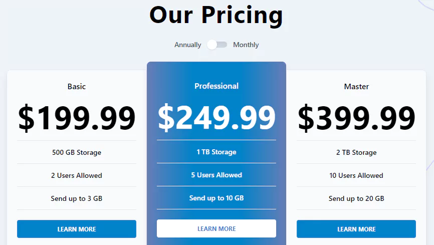 pricing table with js toggle